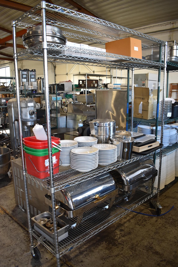ALL ONE MONEY! Lot of 3 Tiers Worth of Various Items Including BRAND NEW Boral Coffee Cup Sets, Metal Chafing Dishes, Ceramic Pasta Plates, Poly Bins. Does Not Include Shelving Unit.