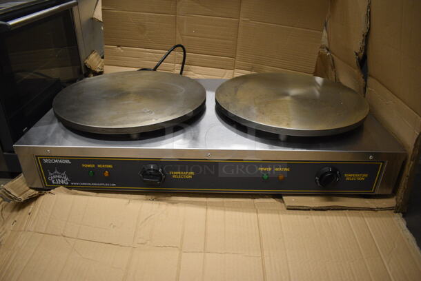 IN ORIGINAL BOX! Carnival King 382CM16DBL Stainless Steel Commercial Countertop Electric Powered 2 Burner Crepe Maker. 208-240 Volts, 1 Phase. 34x18x7