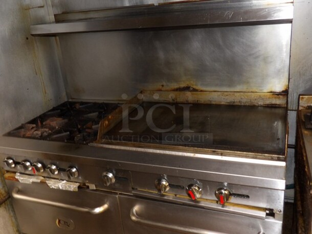 TESTED AND WORKING! Cooking Performance Group (CPG) Commercial Natural Gas Powered 4-Burner, Flat Griddle Stove With 2-Full Sized Ovens, Raised Backsplash and Overhead Salamander Shelf. On Castors. 
240,000 BTU

Range 60" 
4 Burner Griddle 36" 
STD Oven NAT

Orifice Size: 36 Griddle: 44 Oven: 36

Item 351560G36N - Image 2 of 6