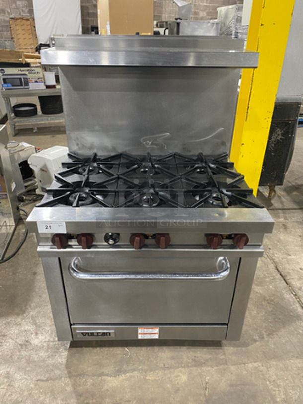 SWEET! Vulcan Commercial Natural Gas Powered 6 Burner Range! With Full Size Oven Underneath! With Raised Backsplash And Salamander Shelf! All Stainless Steel! On Casters!