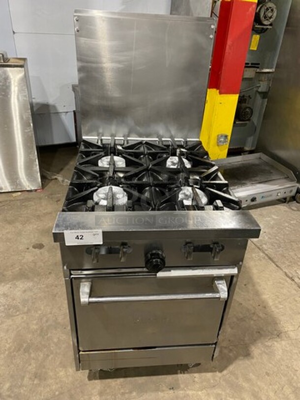 Commercial Natural Gas Powered 4 Burner Stove! With Raised Back Splash! With Oven Underneath! Stainless Steel Body! On Casters!