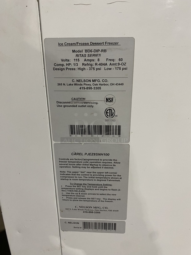Nelson Commercial Ice Cream Dipping Cabinet Display Freezer With Sneeze Guard! On Casters! Eletric Powered! MODEL:BD6DIPRB 115V! Working When Removed! - Image 7 of 10