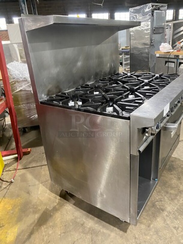 Great! US Range Commercial Natural Gas Powered 8 Burner Stove! With Raised Back Splash And Salamander Shelf! With Oven Underneath! All Stainless Steel! On Casters! Working When Removed! - Image 2 of 9