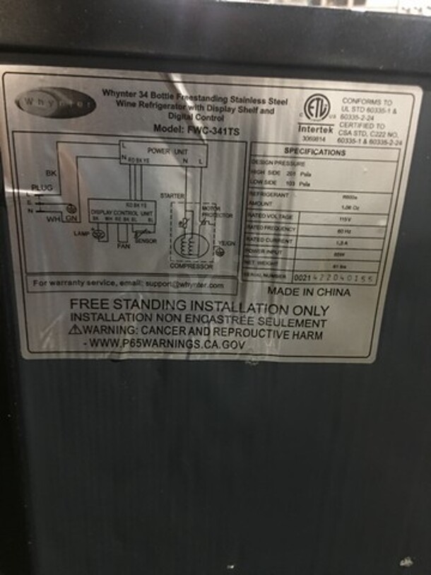 NEW! OUT OF THE BOX! SCRATCH-N-DENT! Whynter Single Door Wine Bottle Cooler/Chiller! With View Through Door! With Wooden Wine Racks! 34 Wine Bottle Capacity! Model: FWC341TS - Image 5 of 8