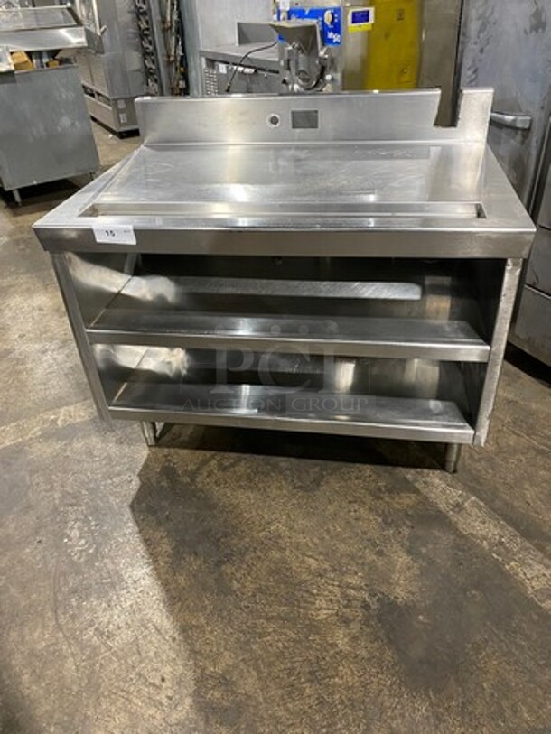Custom Made Commercial Beverage Work Top Table/ Coffee Stand! With Back Splash! With Shelf Storage Underneath! All Stainless Steel! On Legs! - Image 1 of 6