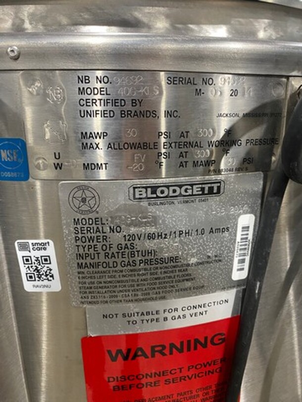 Blodgett Commercial Natural Gas Powered Jacketed Self-Contained Soup Kettle! All Stainless Steel! On Legs! Model: 40GKLS SN: 94692 - Image 10 of 11