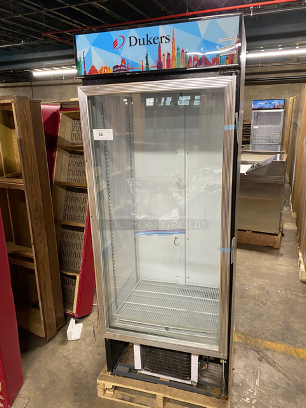 SCRATCH & DENT! Dukers Commercial Single Door Reach In Refrigerator Merchandiser! With View Through Door! With Poly Coated Racks! Powers On, Doesn't Go Down To Temp! Model: DSM19R 115V 60HZ 1 Phase
