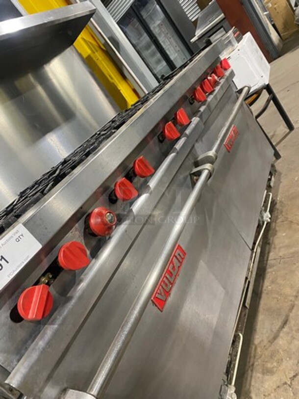 Vulcan Commerical Natural Gas Powered 10 Burner Stove! With Raised Back Splash And Salamander Shelf! With 2 Oven Underneath! All Stainless Steel! On Legs! - Image 9 of 11