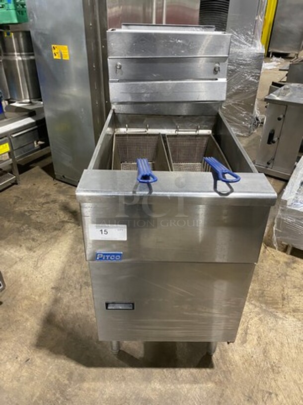 Pitco Commercial Natural Gas Powered 75LB Deep Fat Fryer! With 2 Metal Frying Baskets! All Stainless Steel! On Legs! - Image 1 of 9
