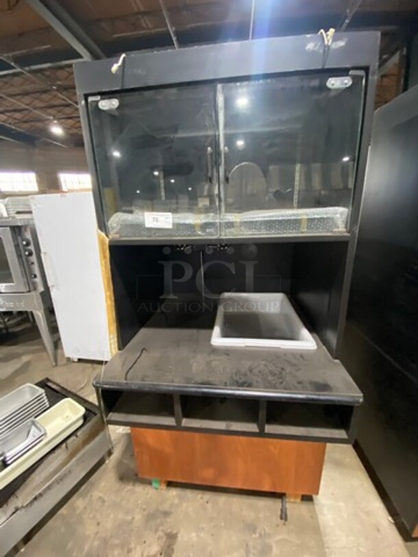 Structural Concepts Bakery Goods/Food Display Case Merchandiser! Commercial Work Top/ Prep Station! With Overhead Cabinet! With Food Pan Cut Out! 3 Small Compartment Storage! With Legs! - Image 1 of 7