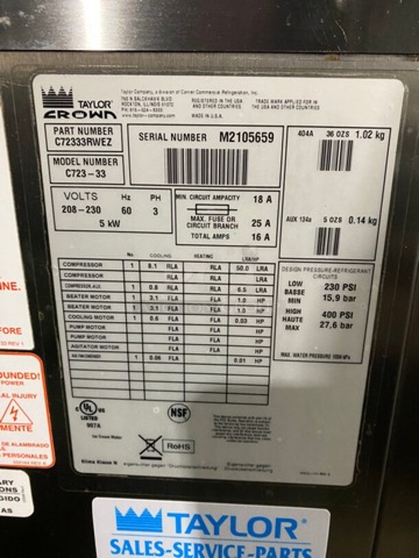 Taylor Crown Commercial 3 Handle Ice Cream Machine! All Stainless Steel! On Casters! Model: C72333 SN:M2105659 208-230V 3PH - Image 9 of 12