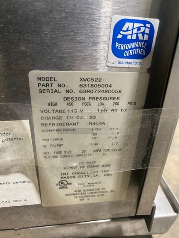 Manitowoc Commercial Ice Machine Head! Stainless Steel Body! Model: XWC522 SN: 63R0724BC058 115V 60HZ 1 Phase - Image 8 of 8