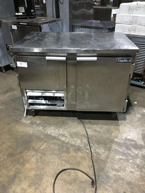 COOL! 2011 Leader Commercial 2 Door Refrigerated Lowboy Cooler Worktop! With Poly Coated Rack! All Stainless Steel! On Casters! Model: LB48FB SN: PU05M0088 115V 60HZ 1 Phase
