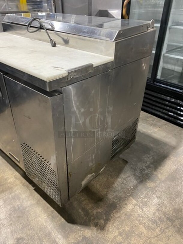 Nice! Turbo Air Commercial Refrigerated Pizza Prep Table! With Commercial Cutting Board! With Single Door Storage Space! Poly Coated Rack! All Stainless Steel! On Casters! Model: TPR44SD SN: TP4RA0100B 115V 60HZ 1 Phase! Working When Removed!  - Image 2 of 10