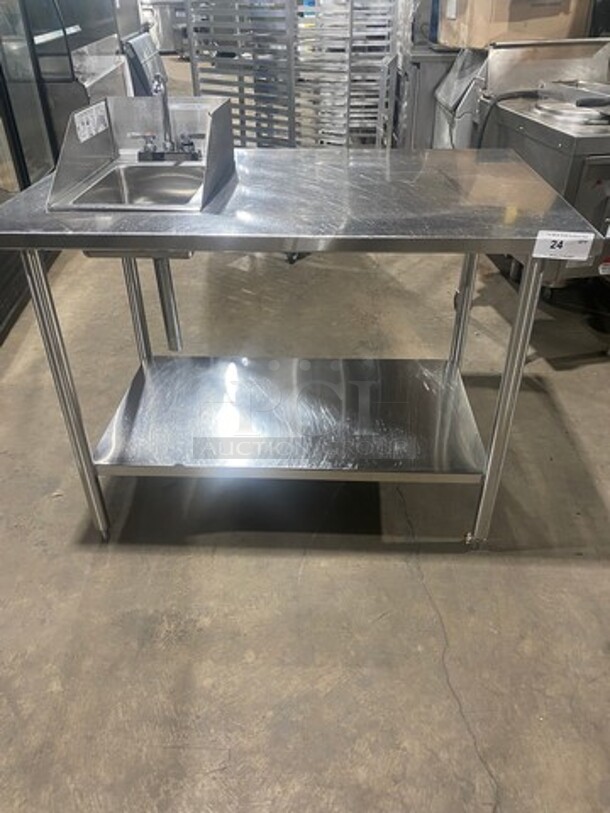 NICE! Commercial Work Top/ Prep Table! With Built In Hand Washing Sink! Sink Has Side And Back Splash! Faucet And Handles! With Storage Space Underneath! All Stainless Steel! On Legs! - Image 1 of 8
