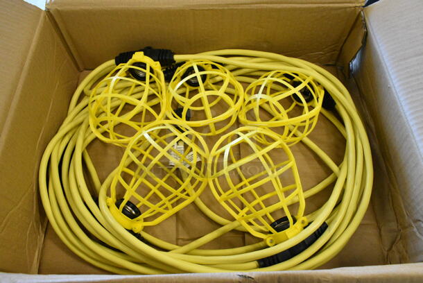 2 BRAND NEW SCRATCH AND DENT! 9230800189 Voltec 08-00189 U-Ground Work Light String with 5 Plastic Cages - 50' 12/3 Cord, 150W Bulb Rating. 2 Times Your Bid!  - Image 1 of 3