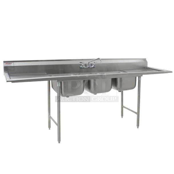 BRAND NEW SCRATCH AND DENT! Regency 600S12323224 Stainless Steel Commercial 3 Bay Sink w/ Dual Drain Boards. No Legs. Bay 16x20. Drain Boards 16x23 - Image 1 of 8