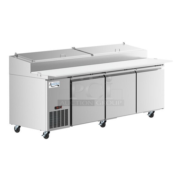 BRAND NEW SCRATCH AND DENT! 2023 Avantco 178SSPPT3 Stainless Steel Commercial Prep Table on Commercial Casters. 115 Volts, 1 Phase. Tested and Working!