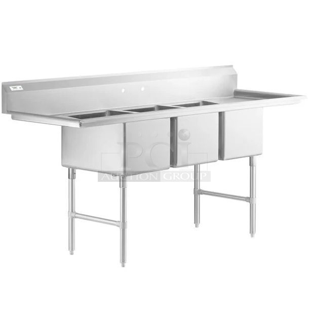 BRAND NEW SCRATCH AND DENT! Regency 600S31824224 Stainless Steel 3 Bay Sink w/ Dual Drain Board. No Legs. Bays 18x24x14. Drain Boards 22.5x25.5