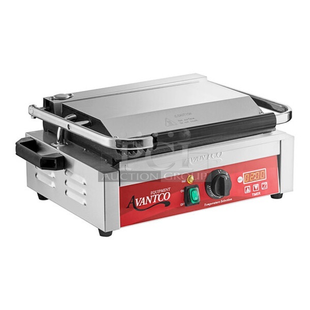 BRAND NEW SCRATCH AND DENT! 2023 Avantco 177PG200T Stainless Steel Commercial Countertop Panini Sandwich Grill with Timer, Grooved Plates, and 13 3/8