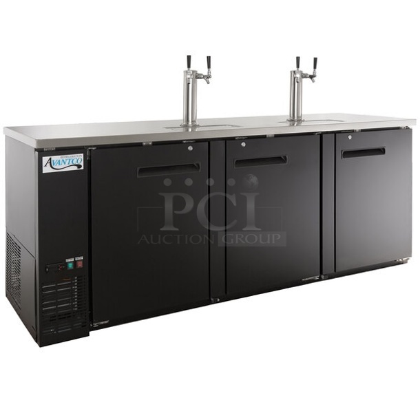 BRAND NEW SCRATCH AND DENT! 2024 Avantco 178UDD4HC  Black Kegerator / Beer Dispenser with (2) 2 Tap Towers - (4) 1/2 Keg Capacity. See Pictures for Dents. 115 Volts, 1 Phase. Tested and Working! - Image 1 of 9