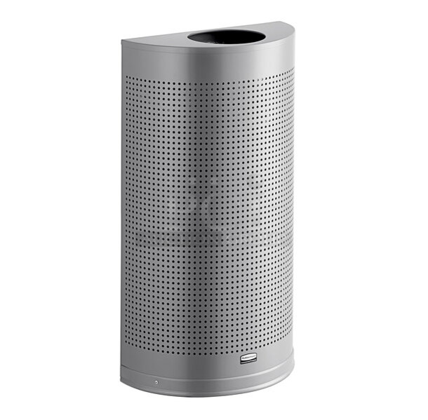 BRAND NEW SCRATCH AND DENT! Rubbermaid 690SH12EPLSM  Silhouettes Silver Metallic Steel Designer Half Round Waste Receptacle -12 Gallon - Image 1 of 6