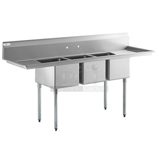 BRAND NEW SCRATCH AND DENT! Regency 600S31620218 88" 16 Gauge Stainless Steel Three Compartment Commercial Sink with Galvanized Steel Legs and 2 Drainboards - 16" x 20" x 12" Bowls. No Legs.