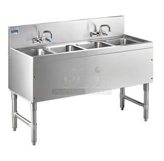BRAND NEW SCRATCH AND DENT! Advance Tabco PRB-19-44C 4 Compartment Prestige Series Underbar Sink with (2) Splash Mount Faucets - 20" x 48" w/ Advance Tabco SU-16 6 3/8" x 6 3/8" x 3/4" Stainless Steel Glass Rinser and Pitco PP10962 1 1/4" Ball Valve with Handle.  