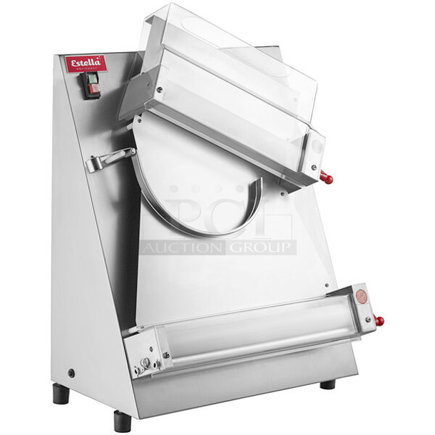 BRAND NEW SCRATCH AND DENT! Estella 348EDS18D Stainless Steel Commercial Countertop Two Stage Dough Sheeter. 120 Volts, 1 Phase. Tested and Working!