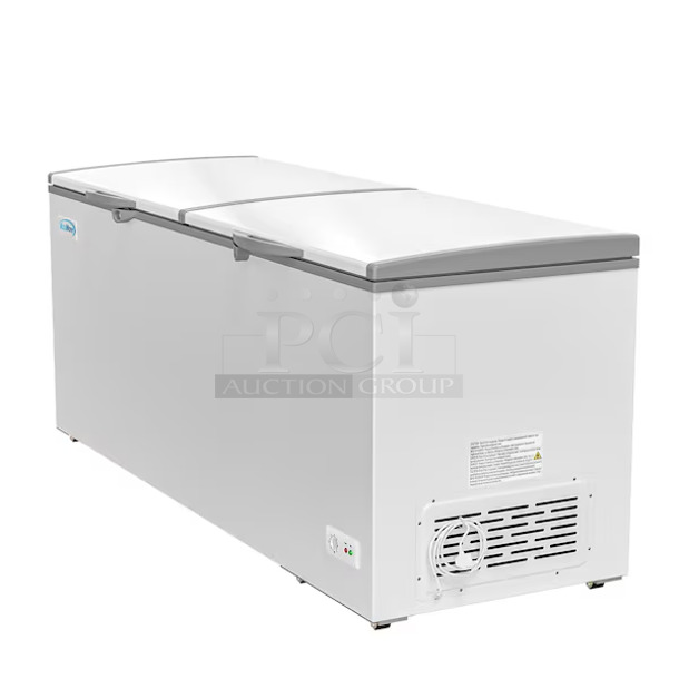 BRAND NEW SCRATCH AND DENT! KoolMore SCF-24C Metal Commercial Chest Freezer w/ 2 Hinge Lids and Commercial Casters. 115 Volts, 1 Phase. Tested and Working! - Image 1 of 7
