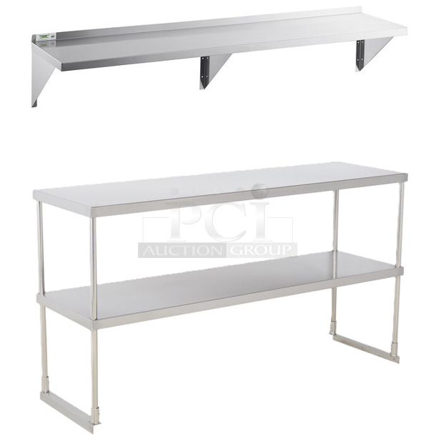 3 BRAND NEW SCRATCH AND DENT! Items; Regency 600DOS1860 Stainless Steel Double Deck Overshelf - 18" x 60" x 32", Regency 600WS1872HD 16 Gauge Stainless Steel 18" x 72" Heavy-Duty Wall Shelf, Regency 600ESSCB96 16 Gauge Stainless Steel 18" x 72" Heavy-Duty Wall Shelf. 3 Times Your Bid! - Image 1 of 4