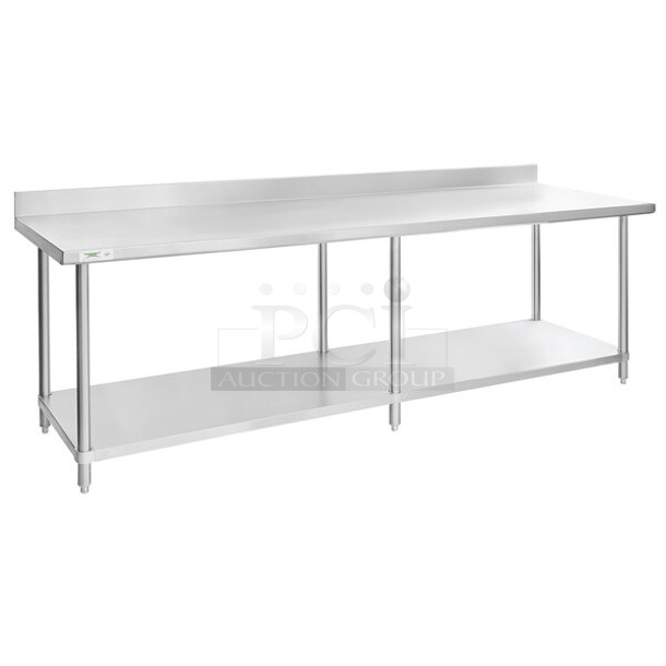 BRAND NEW SCRATCH AND DENT! Regency 600TSB3096S 30" x 96" 16-Gauge Stainless Steel Commercial Work Table with 4" Backsplash and Undershelf. May Be Missing Pieces.  - Image 1 of 2