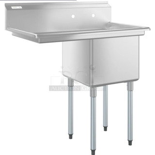 BRAND NEW SCRATCH AND DENT! Regency 600S1181818L Stainless Steel Single Bay Sink w/ Left Side Drain Board. Bay 18x18x14. Drain Board 12x15