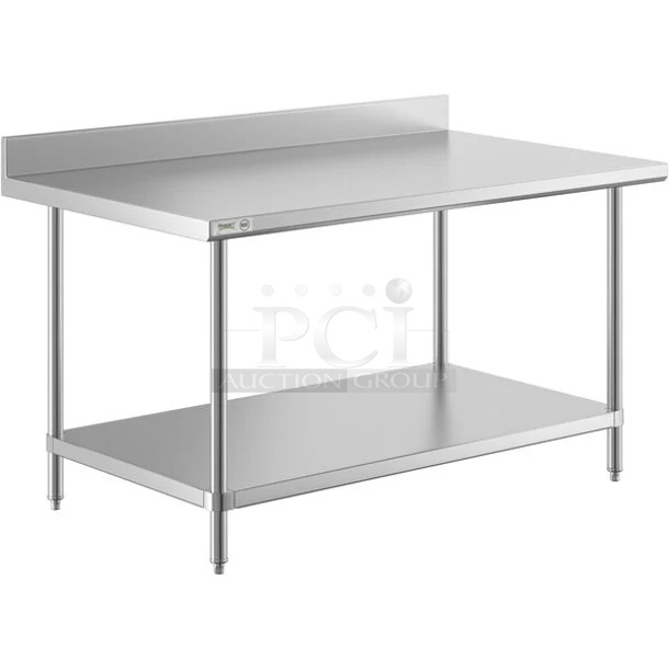 BRAND NEW SCRATCH AND DENT! Regency 600TSB3660S 36" x 60" 16 Gauge Stainless Steel Commercial Work Table with 4" Backsplash and Undershelf. May Be Missing Pieces. - Image 1 of 3