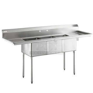 BRAND NEW SCRATCH AND DENT! Steelton 522CS31620LR 84" 18-Gauge Stainless Steel Three Compartment Commercial Sink with 2 Drainboards - 16" x 20" x 12" Bowls
