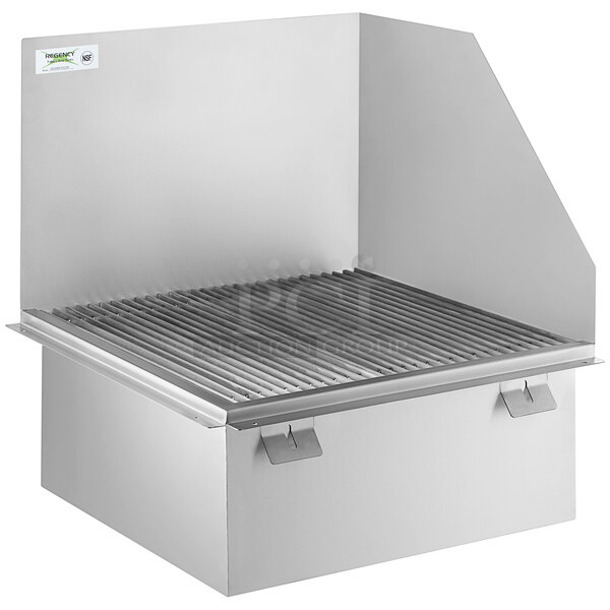 BRAND NEW SCRATCH AND DENT! Regency 600SMFSS23R 16-Gauge 304 Stainless Steel Floor Mounted Mop Sink with Right Side Splash Guard - 22" x 21 3/8" x 10" Bowl. Missing Grate.  - Image 1 of 5