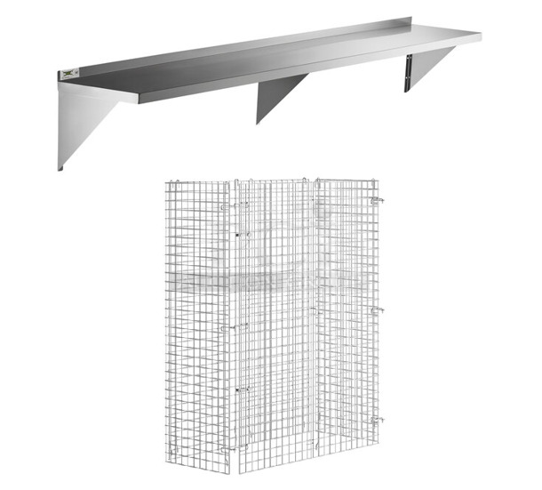 2 BRAND NEW SCRATCH AND DENT! Items; Regency 600WS1596 18 Gauge Stainless Steel 15" x 96" Solid Wall Shelf and Regency 460ECSC2448 NSF Chrome Wire Security Cage - 24" x 48" x 61". 2 Times Your Bid! May Be Missing Pieces.  - Image 1 of 4