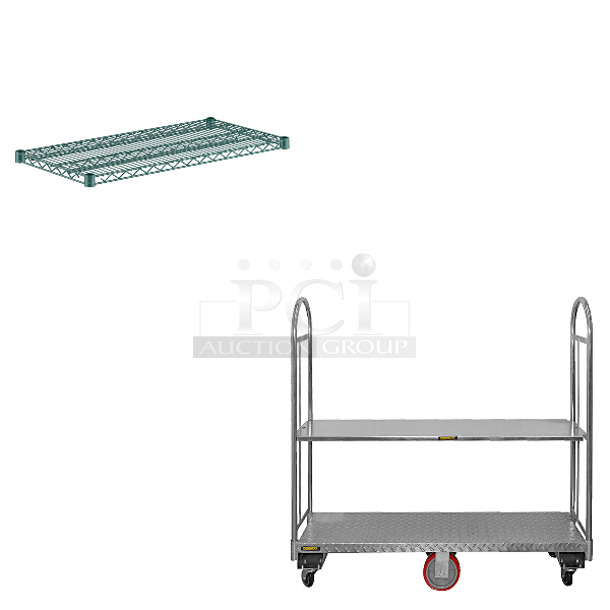 2 BRAND NEW SCRATCH AND DENT! Items; Regency 460EG1836 18" x 36" NSF Green Epoxy Wire Shelf and Wesco 273565 16" x 60" Removable Galvanized Steel Shelf for U-Boat Utility Carts 273565. 2 Times Your Bid! May Be Missing Pieces.  - Image 1 of 4