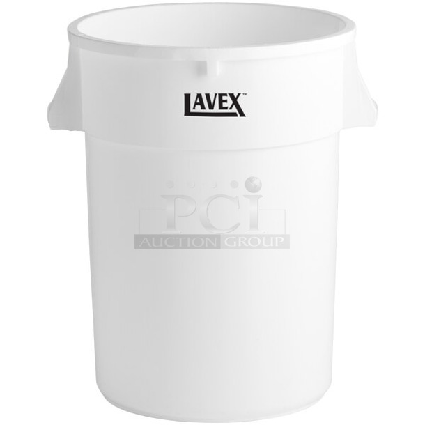 3 BRAND NEW SCRATCH AND DENT! Lavex 475TCRND44WH 44 Gallon White Round Commercial Trash Can w/ 3 Lavex 475TCLD44WH 44 Gallon White Round Commercial Trash Can Lid. 3 Times Your Bid!  - Image 1 of 8