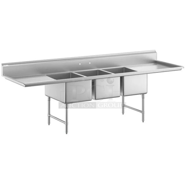 BRAND NEW SCRATCH AND DENT! Steelton 522CS31824LR Stainless Steel Commercial 3 Bay Sink w/ Dual Drain Boards. Bays 18x24. Drain Boards 16x26. No Legs.  - Image 1 of 9