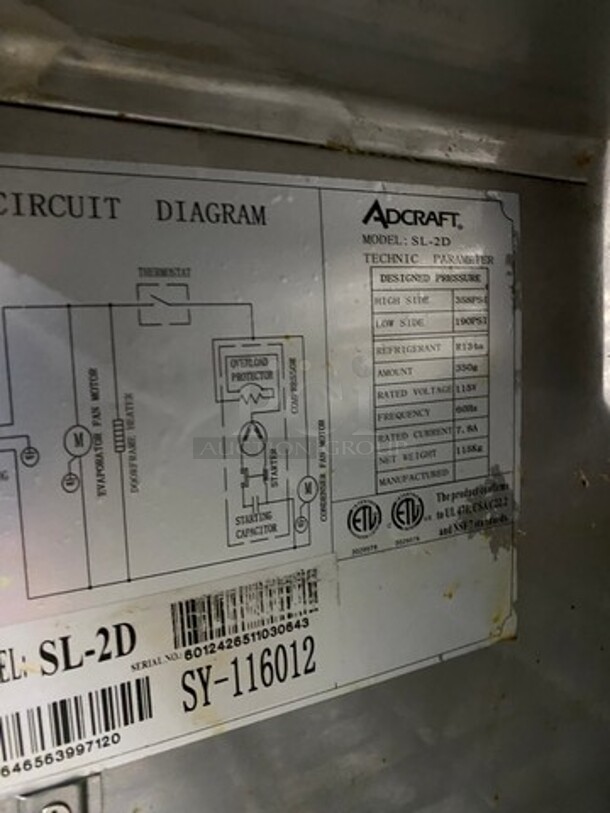 Adcraft Commercial Refrigerated Sandwich Prep Table! With Commercial Cutting Board! With 2 Door Underneath Storage Space! All Stainless Steel! On Casters! Model: SL2D SN: 6012426511030643 115V - Image 7 of 9