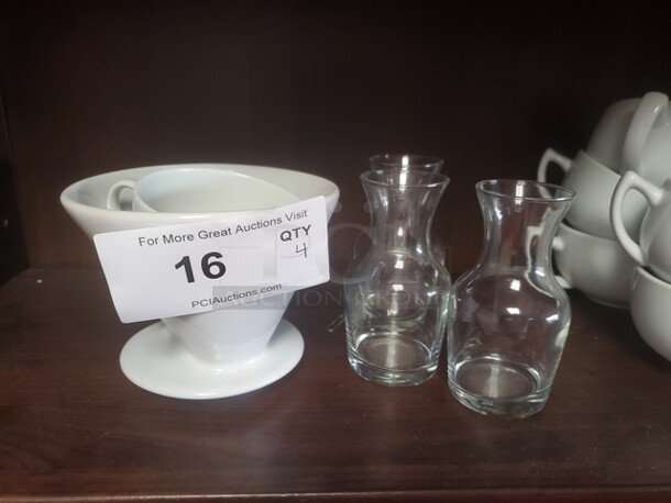 ALL ONE MONEY Lot of 4 miscellaneous 6 oz. Glass Carafe, Café porcelain décor  - Image 1 of 1