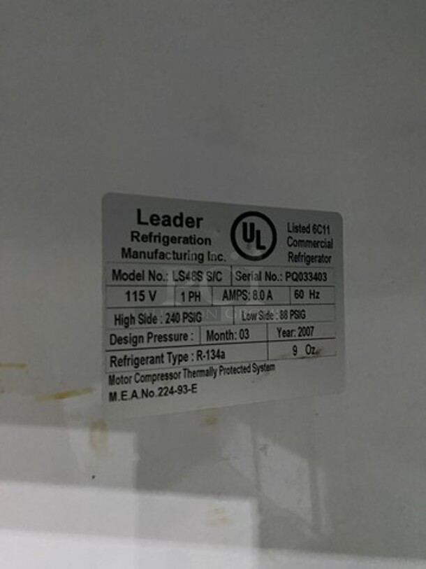 2007 Leader Commercial 2 Door Reach In Cooler Merchandiser! With View Through Doors! With Poly Coated Racks! All Stainless Steel! Model: LS48SSC SN: PQ033403 115V 60HZ 1 Phase - Image 7 of 8