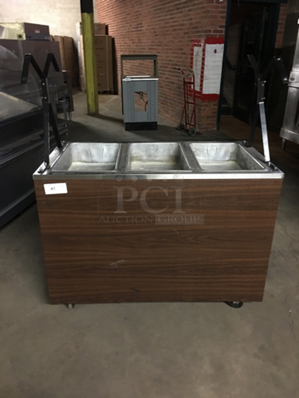 Vollrath Commercial Electric Powered 3 Bay Steam Table! Wooden Pattern With Stainless Steel Top! On Casters!Model: 38935 120V 60HZ 1 Phase