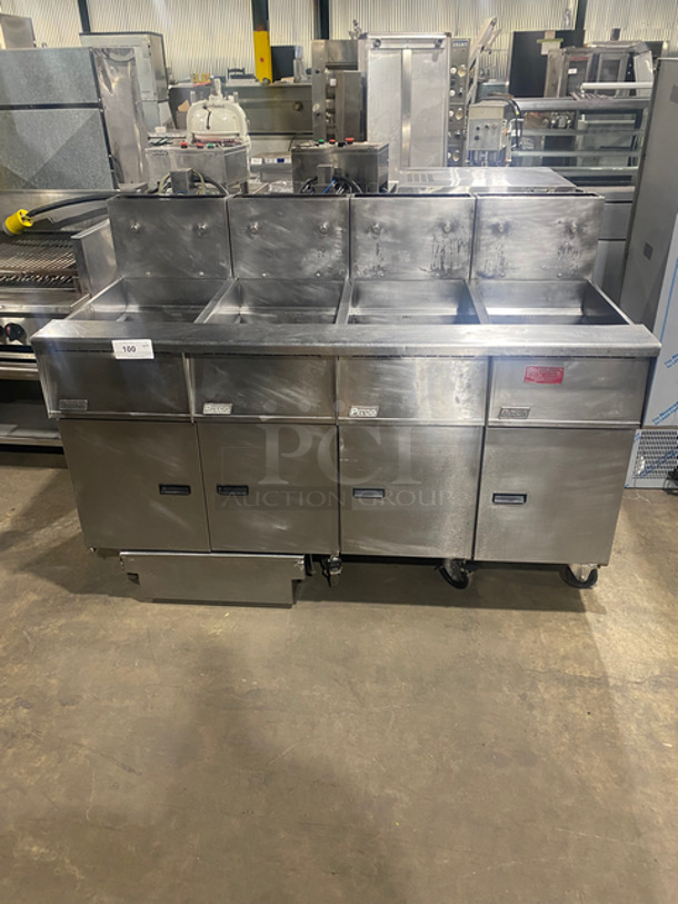FAB! Pitco Frialator Commercial Natural Gas Powered 4 Bay Deep Fat Fryer! With Oil Filter System! All Stainless Steel! On Casters! Model: SGH50
