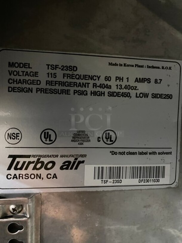 NICE! Turbo Air Commercial Single Door Reach In Freezer! With Racks! Solid Stainless Steel! On Casters! Model: TSF23SD SN: DF23011030 115V 60HZ 1 Phase - Image 6 of 9