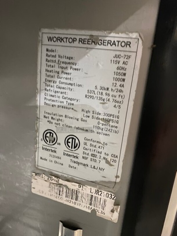 L & J Commercial 3 Door Lowboy/Worktop Cooler! All Stainless Steel! On Casters! Model: JUC72F - Image 7 of 8