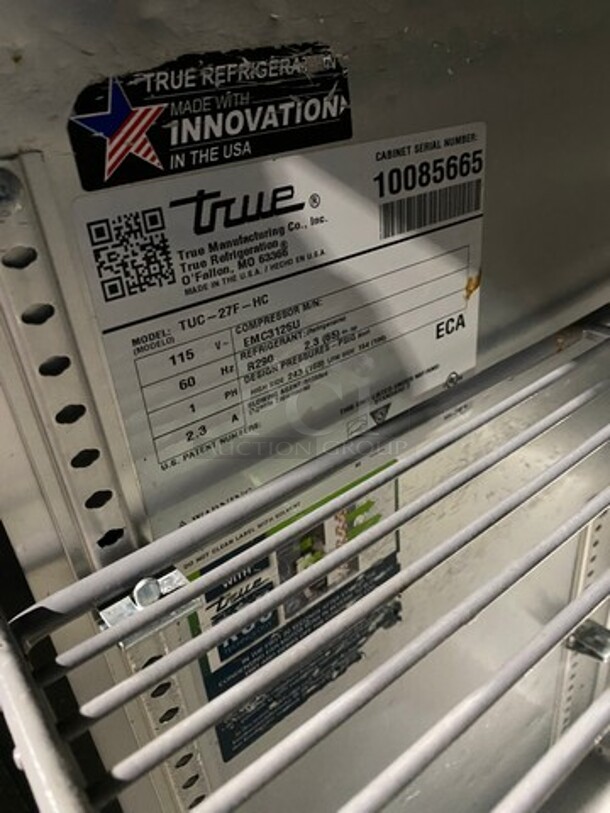 True Commercial Single Door Lowboy/Worktop Freezer! All Stainless Steel! On Casters! Model: TUC27FHC SN: 10085665! 115V 60HZ 1 Phase!
 - Image 6 of 7