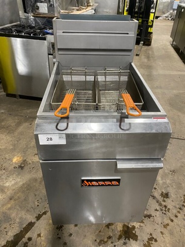 LIKE NEW! Sierra Commercial Natural Gas Powered Deep Fat Fryer! With 2 Metal Frying Baskets! With Backsplash! All Stainless Steel! On Casters! Model: SRF7580NG SN: 170802367