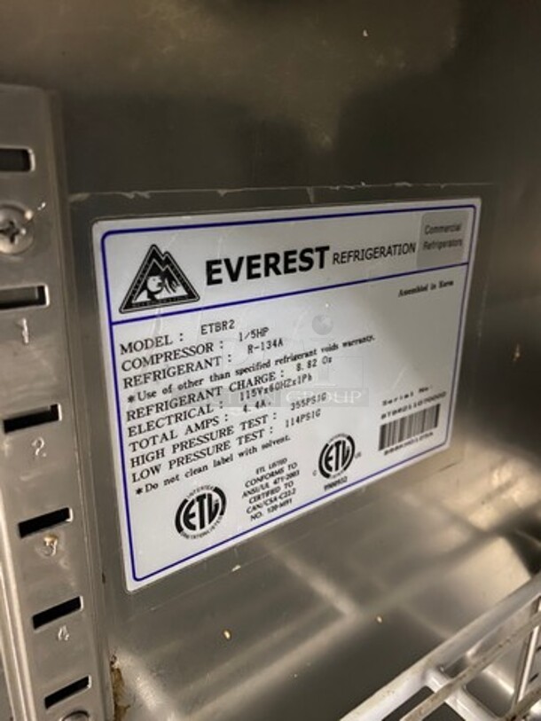 Everest Commercial 2 Door Lowboy/ Worktop Cooler! All Stainless Steel! On Casters! Model: ETBR2 SN: BTBR211070002 115V 60HZ 1 Phase - Image 7 of 8